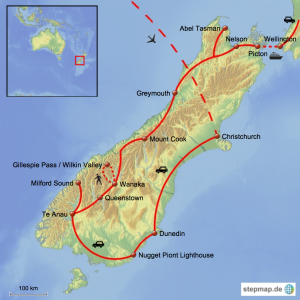 Karte Neuseeland Südinsel Reiseroute